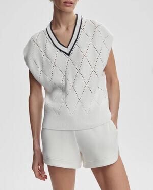 NWT Varley Beaton Diamond Pointelle Knit V-Neck Sweater Vest White Blue Large